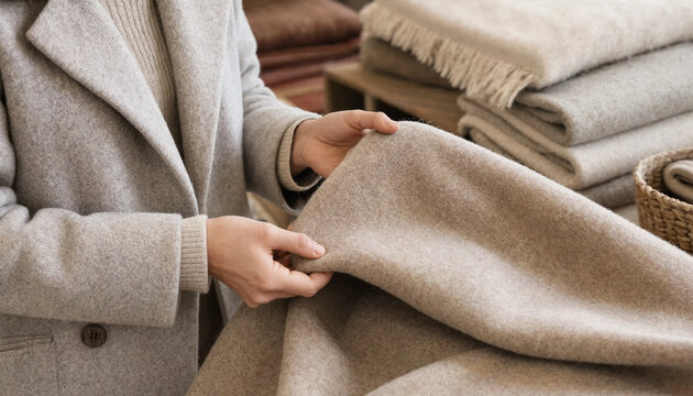 Woman wearing a coat choosing a warm beige wool blanket in a store with cashmere throw textile shop cozy home textiles shopping for home knit material wool texture winter clothes