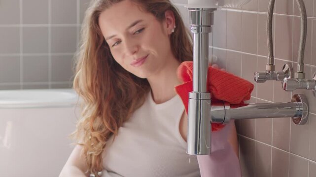 Young woman spraying detergent and cleaning sink pipe with a microfiber cloth.