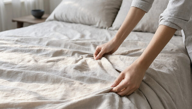 Woman neatly arranging linen bed sheets on a comfortable bed in a bright bedroom with making bed bedroom decor cozy bedroom household chores bedding set morning routine home interior