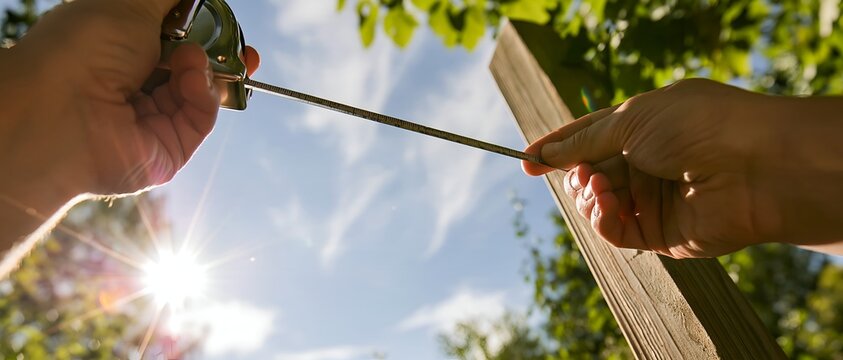 Close-up of hands sawing wooden plank under bright sunlight with green foliage