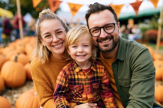 Happy family enjoying autumn festival surrounded by pumpkins outdoors