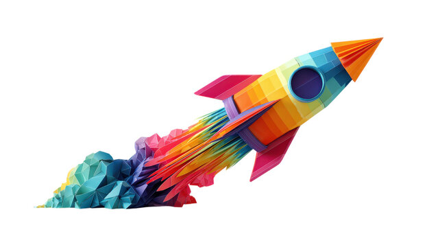 Colorful origami rocket launching into space