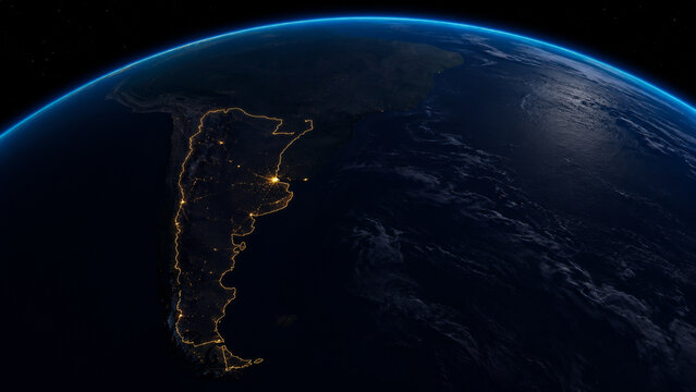 Night View of Argentina from Space with Illuminated Country Outline and Urban Lights, suitable for maps, geography, infrastructure and international themes.