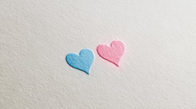Pink and blue paper hearts on textured white background symbolizing love and romance
