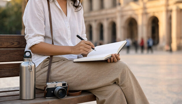 Close up of a woman writing in a notebook on a park bench with writing instrument blank page woman hands writing notes sitting bench writing practice notebook journaling education