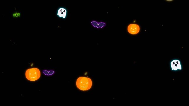 Halloween floating cartoon elements background loop with glowing pumpkins ghosts bats and spiders