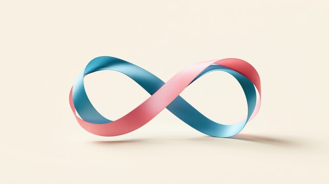 Infinity symbol shaped from blue and pink ribbon on plain background