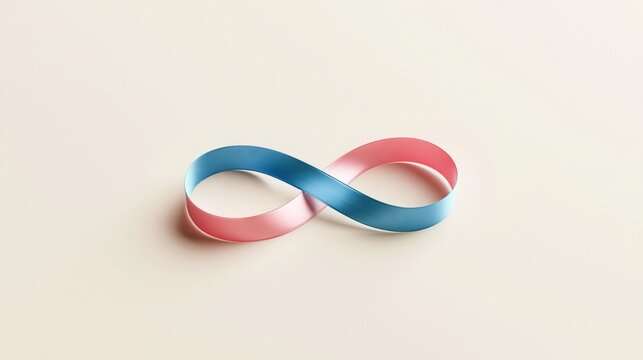 Infinity symbol shaped from blue and pink ribbon on plain background