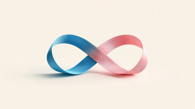 Infinity symbol shaped pink and blue ribbon on light background representing awareness and health