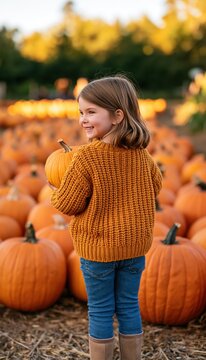 Cheerful child holding pumpkin at autumn pumpkin patch