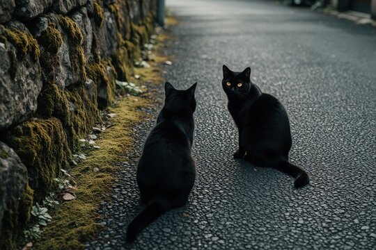 Two black cats sit on quiet road near mossy stone wall. One cat looks back at camera with bright yellow eyes. Scene feels calm and bit mysterious, with hints of nature in urban setting.