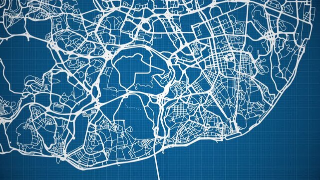 Ink reveal animation of Lisbon (Lisboa) City, Portugal, grid map. One of the oldest cities in the world. Aerial top view. Blueprint style. White lines with blue background. 4K Seamless loop. 