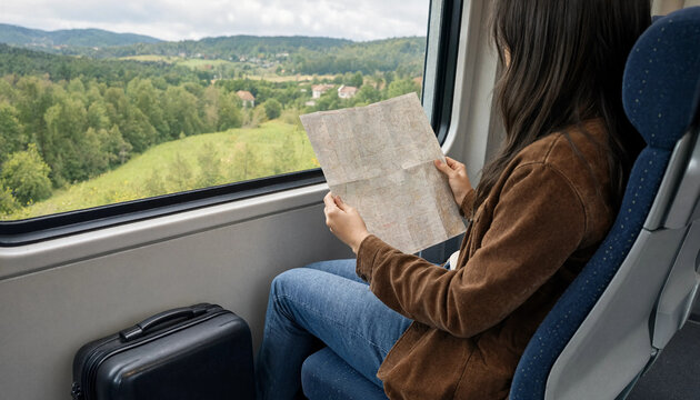 Young woman traveling by train looking at a paper map with landscape view from the window passenger vacation transportation landscape commuter destination navigation traveler adventure