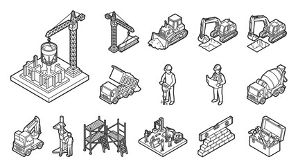 Fototapeta premium This extensive array of isometric line drawings showcases various construction machinery, equipment, and human figures in different roles, alongside common site elements like scaffolding and building.