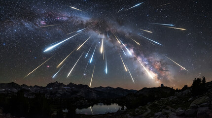 Fototapeta premium Meteor shower over starry mountain landscape