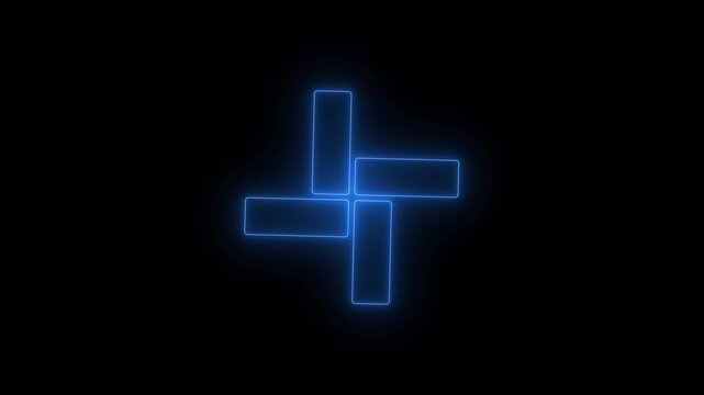 Blue neon cross formed by four rounded rectangular bars with a glowing outline on a black background. Glowing blue cross symbol with four tilted rectangular segments arranged around a central point.