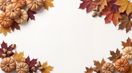 Fototapeta premium A festive thanksgiving background featuring a beautiful frame of colorful autumn leaves and small pumpkins arranged on a clean white surface for your seasonal holiday