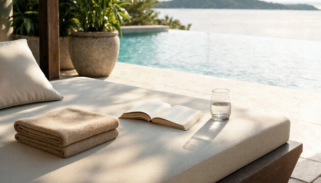 Quiet reading area with an open book and soft towel on a poolside lounge chair folded towel resort pool tropical landscape vacation lifestyle outdoor comfort summer relaxation wellbeing