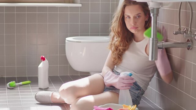 Exhausted young woman reluctantly spraying disinfectant and wiping the sink pipe in bathroom