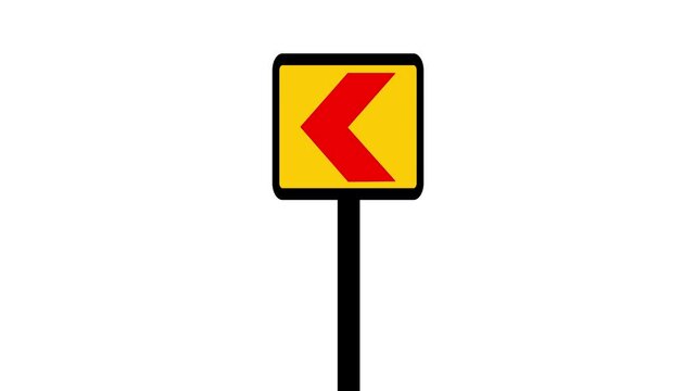 A square yellow road sign with a bold black chevron arrow pointing to the left motion animation design, mounted on a grey metal pole on a white background 4k video.