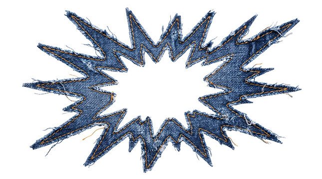 Denim starburst explosion patch with frayed edges isolated on png transparent background