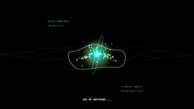 Futuristic ai neural network interface with glowing particles and data visualization on a dark background