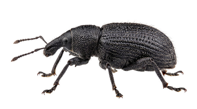 Detailed macro view of a black weevil insect on a isolated on png transparent background
