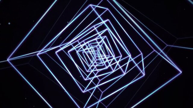 Neon glowing 3 d cube tunnel abstract background, infinite digital geometry motion loop, cyberpunk tech visual effect for presentations