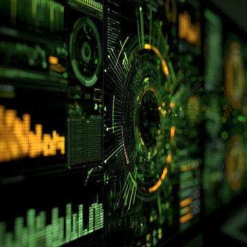 Futuristic 3D Cybersecurity HUD Dashboard with Glowing Radar and Data Network