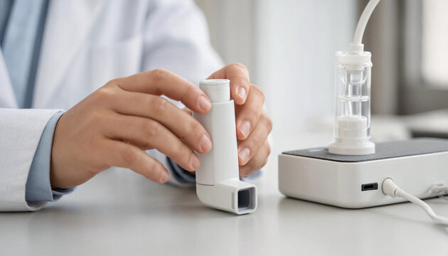 Doctor holding a respiratory medical inhaler for treatment with asthma inhaler medical device respiratory care lung health breathing aid bronchial asthma medication delivery healthcare