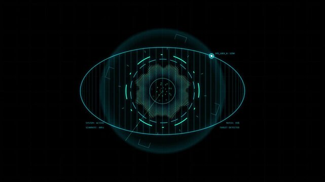 Futuristic digital eye scanner interface with glowing cyan hud elements, data visualization, and circular scanning patterns on a black background