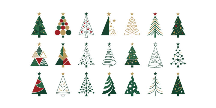 Collection of various decorative christmas tree illustrations isolated on a white background