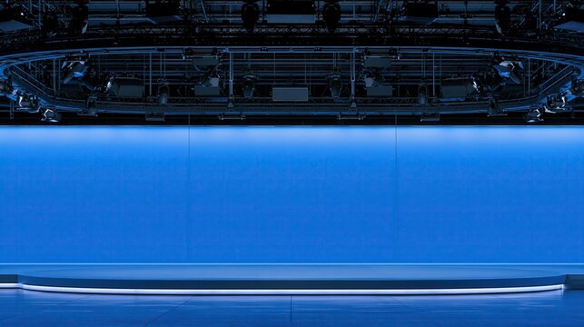 Empty modern curved presentation stage with professional ceiling lighting rig and blank blue screen background for event conference and broadcast