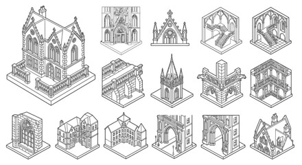 Obraz premium Isometric illustrations present a collection of intricate architectural elements and building structures, including churches, arches, and various ornate facades.