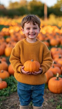 Smiling child holding pumpkin in autumn pumpkin patch
