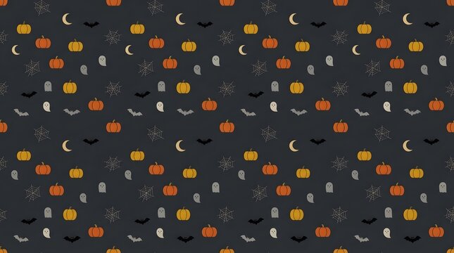 Cute Orange Yellow Halloween Seamless Pattern with Pumpkins and Festive Elements on Light Background, Fun Repeat Design for Kids and Party Use
