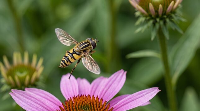 Macro photography of a flying yellow and black hoverfly 