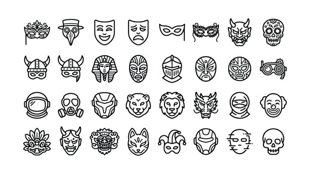 Collection of diverse stylized mask and helmet icons with transparent backgrounds for various themes and designs