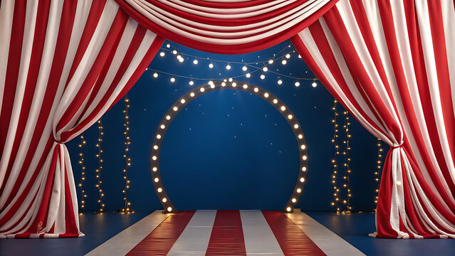 Red and white striped circus curtains with a glowing marquee light arch stage background