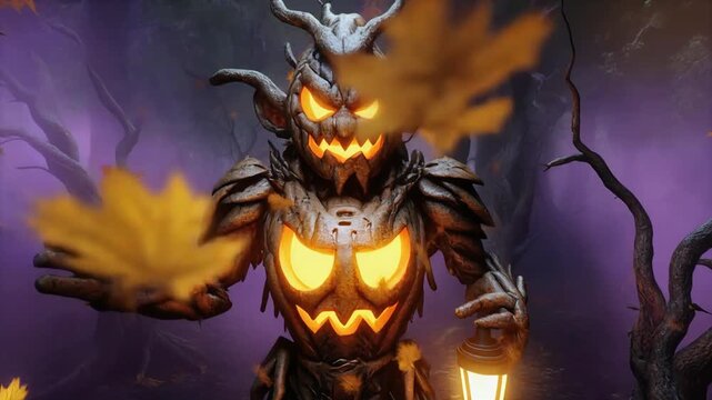 3D animation of a spooky pumpkin golem monster walking through an enchanted spooky forest with glowing jack-o-lanterns and falling autumn leaves for halloween background