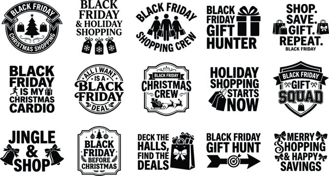 Set of fifteen black and white typography designs for black friday holiday shopping sales and christmas gift hunting events