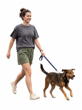 Happy young woman in casual activewear walking her cute fluffy dog on a leash, full length isolated on white background.-1