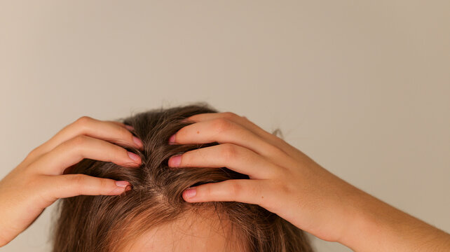 Woman's hands gently touching her scalp and hair, close-up view