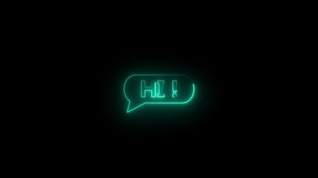 Neon glowing speech bubble icon with hi text and vibrant cyan light effect on dark background