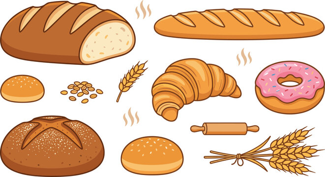 Fresh bakery bread and pastry products collection vector icon set for shop menus and advertisement designs