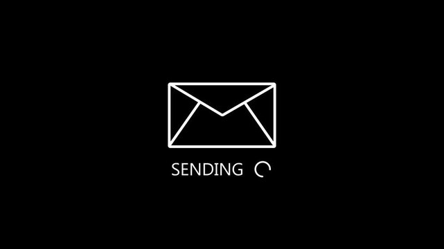 Email sending icon animation with rotating loading spinner on black background for digital communication and online messaging .