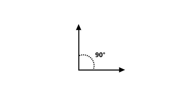 90 degree angle icon animation with right angle symbol for geometry and mathematics education on black and white background.