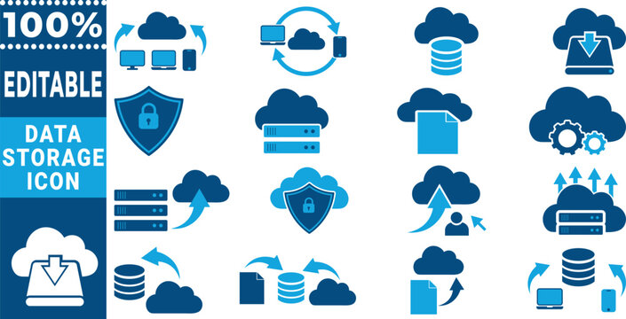 Set of blue cloud computing and data storage icons including server synchronization and security network symbols for digital technology and internet infrastructure design