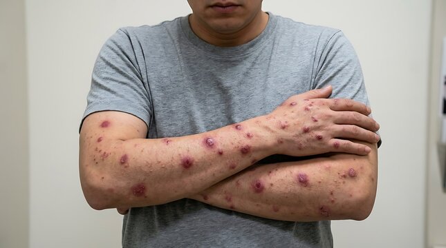Close-up of man with monkeypox symptoms showing red rash and skin lesions on arms, infectious disease monkey pox or mpox outbreak concept, dermatology health and medical diagnosis.