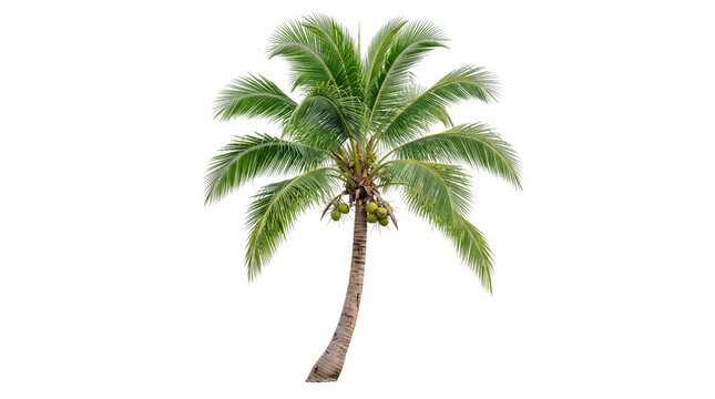 Slender coconut palm tree with green coconuts and isolated on png transparent background